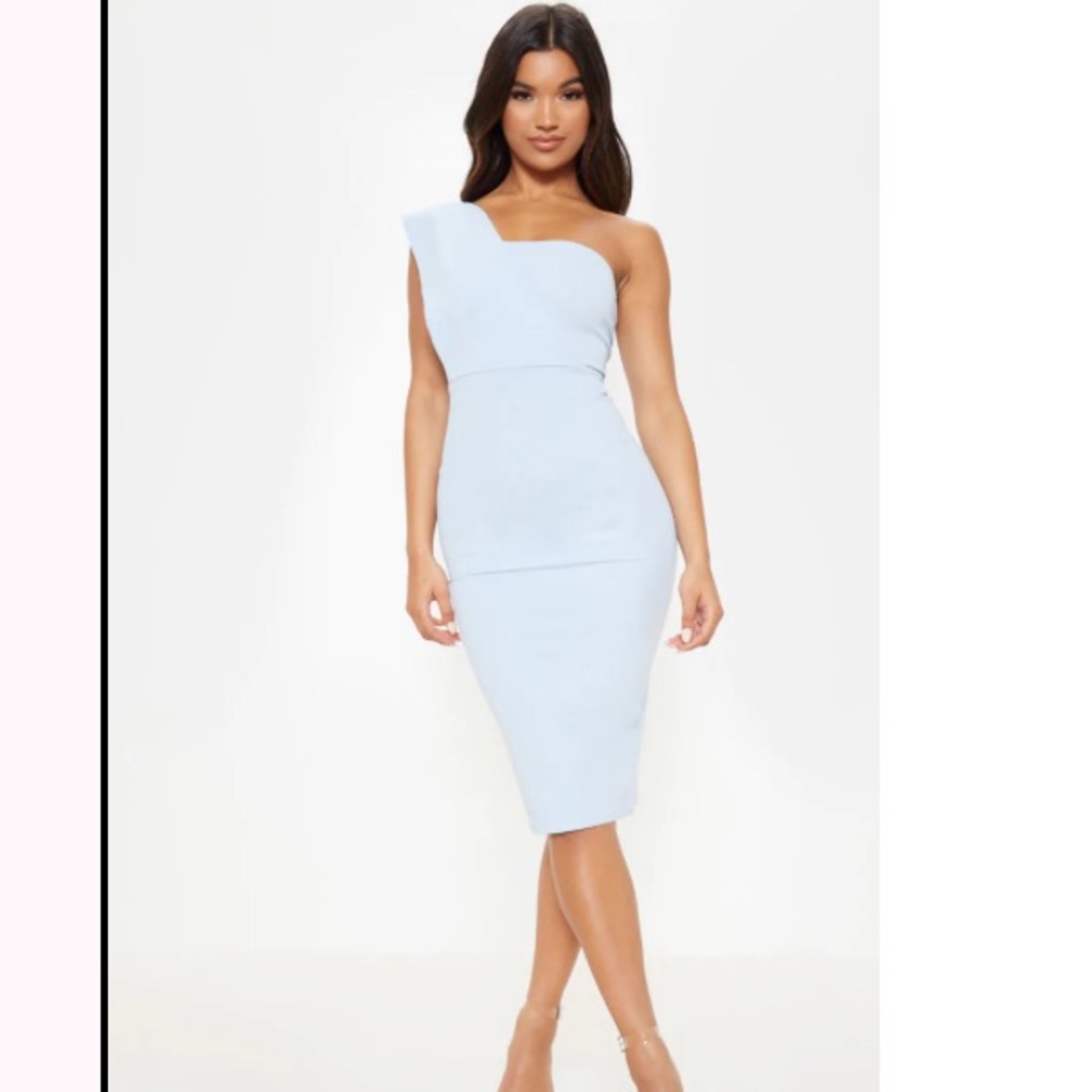 Dusty Blue One Shoulder Drape MIDI Dress